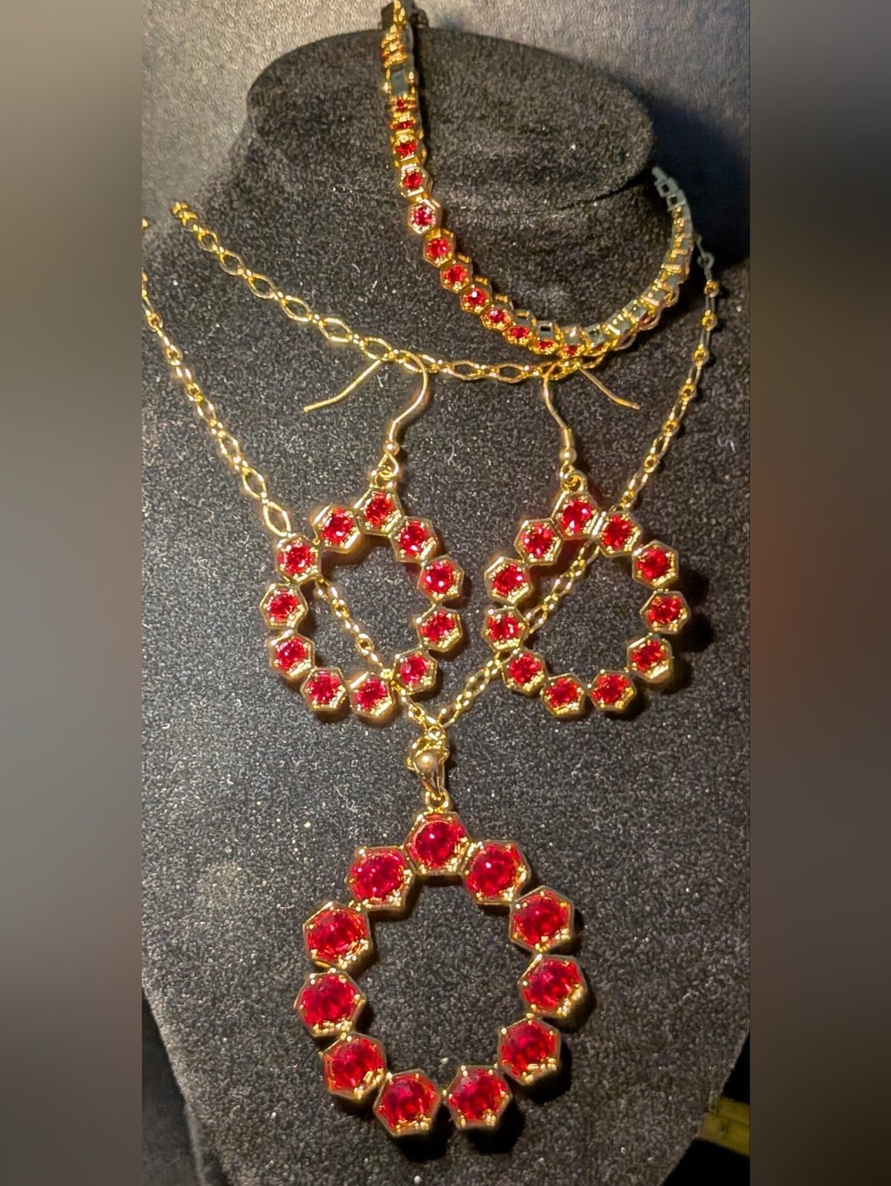 Gold-Plated Red Crystal Necklace & Earring Set With Matching Bracelet